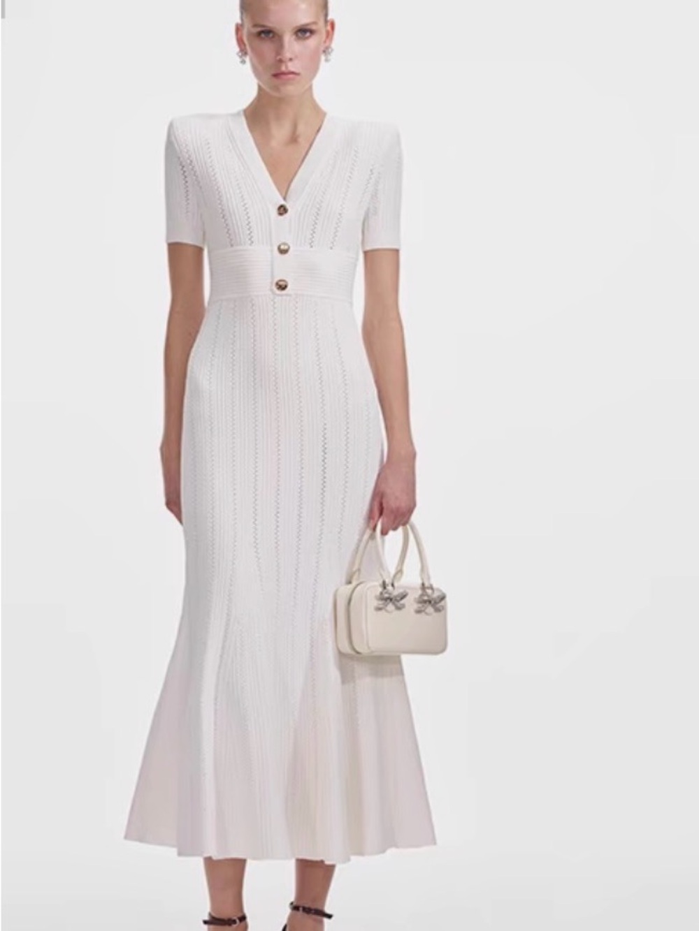 Self-Portrait Cream Pointelle Knit Midi Dress